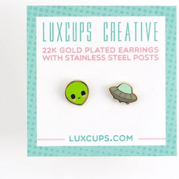 Cute Adorable Alien and Spaceship Earrings - Gold Plated - Brand New - Picture 3 of 3